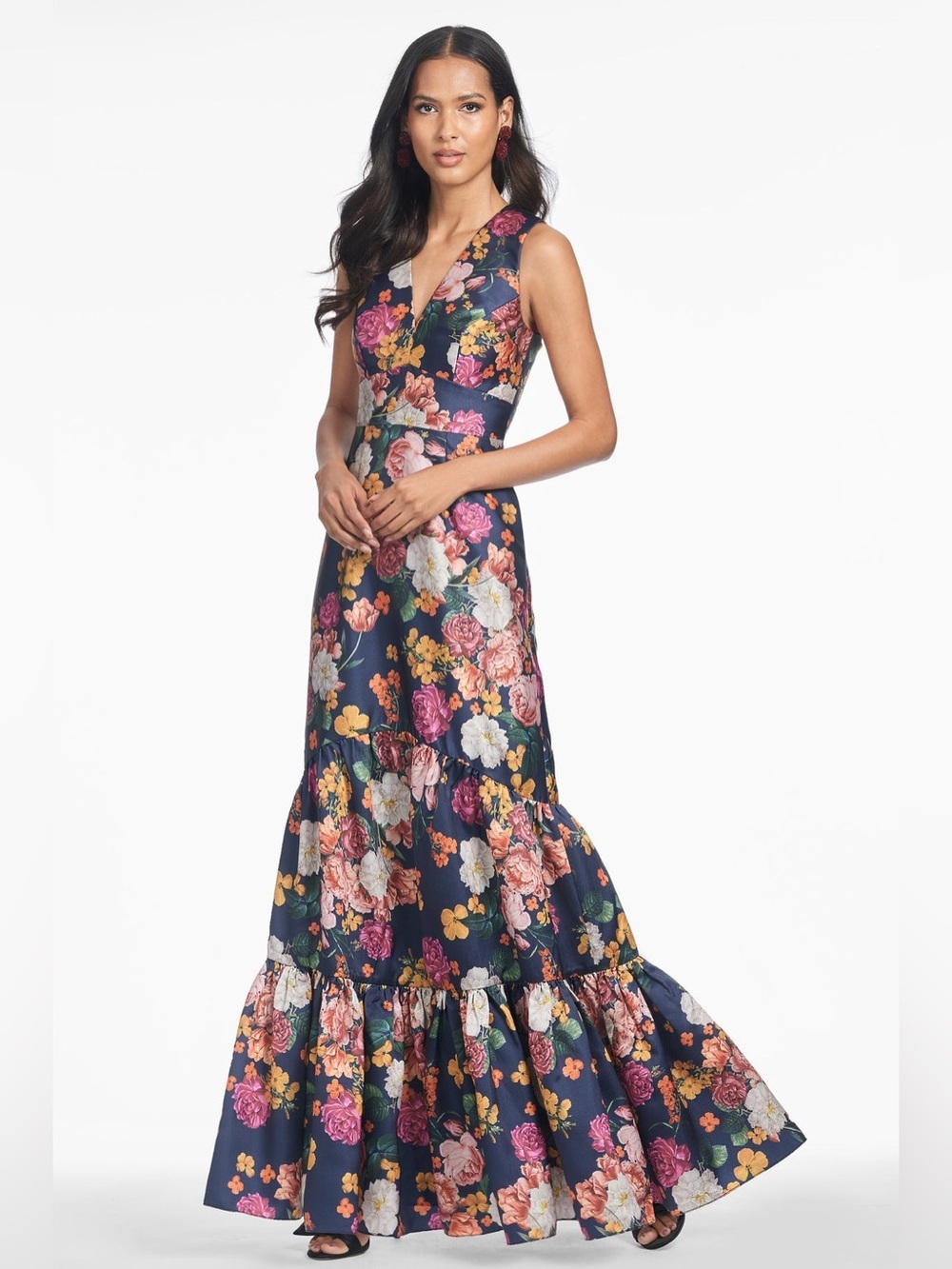 new Sachin and Babi RORI GOWN IN MIDNIGHTS MAGIC BLOOMS mikado v neck maxi